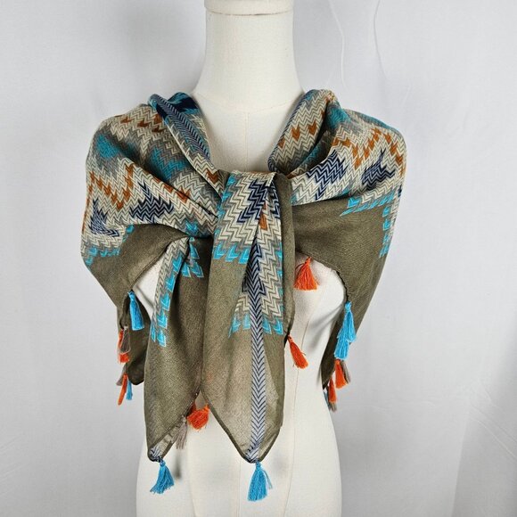 Southwestern Style Multicolor Tassel Shawl Scarf Wrap Blue Tan Aztec Bohemian SW - Picture 2 of 5
